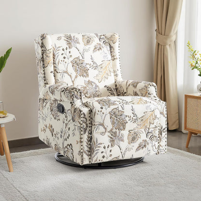 Swivel Rocker Recliner Chair, Manual Nursery Glider Recliner, Floral Fabric Wingback Accent Chair with Adjustable Backrest & Footrest for Small Spaces Living Room Bedroom (Plants Floral, Set of 1)