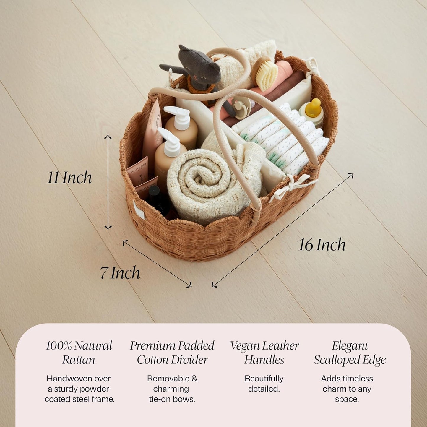 BEBE BASK Premium Baby Diaper Caddy Organizer - Handmade & Award-Winning Scalloped Rattan Basket - Luxury Diaper Caddy Basket - Elegant Scalloped Edge (Natural)