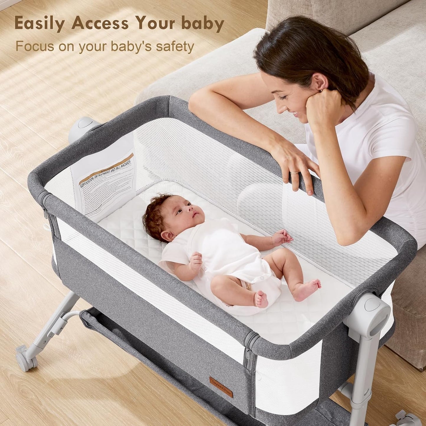 Bassinet Bedside Sleeper - All-Mesh Design, Portable Bedside Bassinet for Baby with Washable Mattress, 5 Adjustable Heights（Beige）