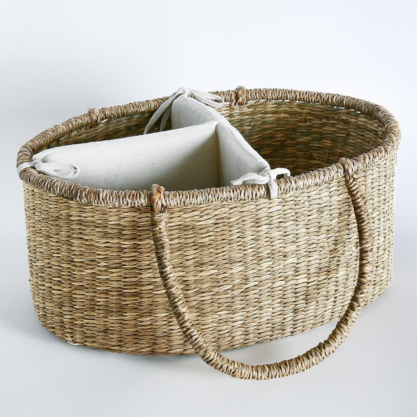 Premium Wicker Baby Diaper Caddy Organizer, Woven Seagrass Basket with Handles, Diaper Basket with Dividers (Seagrass)