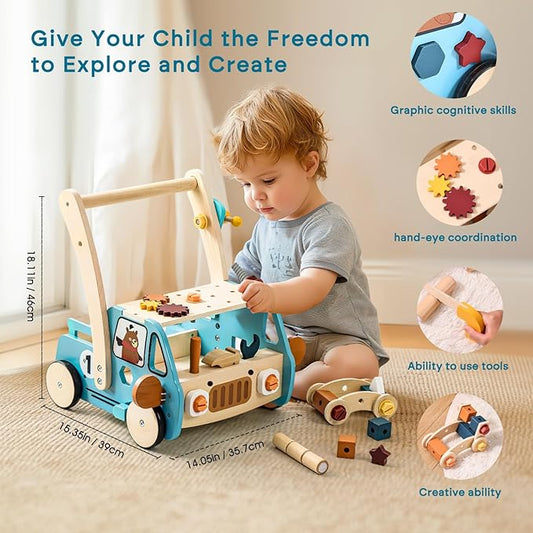 OESSUF 2-in-1 Wooden Baby Walker with 40 PCS Tool Toys – Baby Push Walker for 6-12 Months, Activity Center for Toddlers Aged 1-3 Years, Montessori Toy for Boys and Girls (Blue)