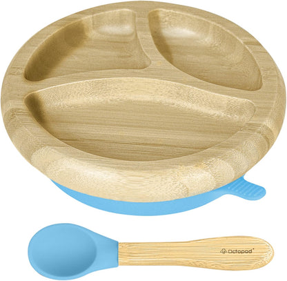 Abiie Octopod Bamboo Dish - Kids Plates for 4 months and up, 3-Compartment Baby Plates with Suction, Triangle Bamboo Baby Plate, Mess-Free Toddler Suction Plates, Baby Feeding Supplies, 8.3x1.9x7.7 in