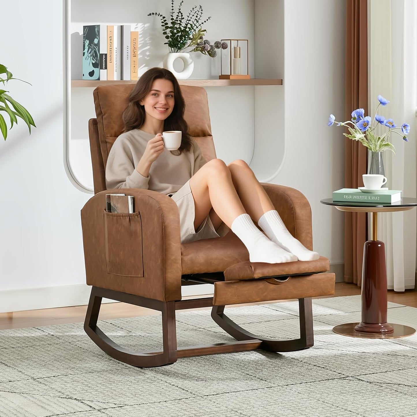 Garvee Teddy Fleece Nursery Rocking Chair,Upholstered Glider with 26" High Backrest, Padded Seat,Modern 300 Lbs Weight Capacity Accent Recliner for Living Room, Bedroom, Reading