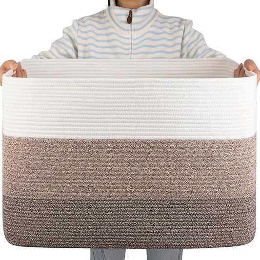 OIAHOMY 108L Large Cotton Rope Basket, Rectangle Woven Baskets for Storage, Nursery Blanket Storage Living Room, Toy Basket with Handle-25”x16”x16”-Gradient Dark Brown