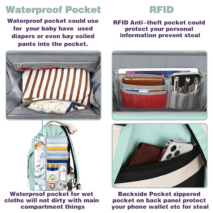 Jiefeike Diaper Bag Backpack,Green diaper bags for baby girl boy, girl diaper bag backpack, Insulated Pockets Portable toddler diaper bag RFID Anti-Theft Pocket