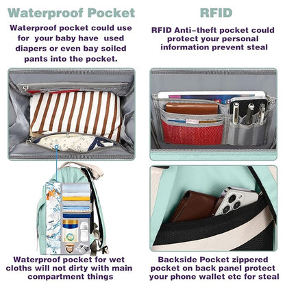 Jiefeike Diaper Bag Backpack,Green diaper bags for baby girl boy, girl diaper bag backpack, Insulated Pockets Portable toddler diaper bag RFID Anti-Theft Pocket
