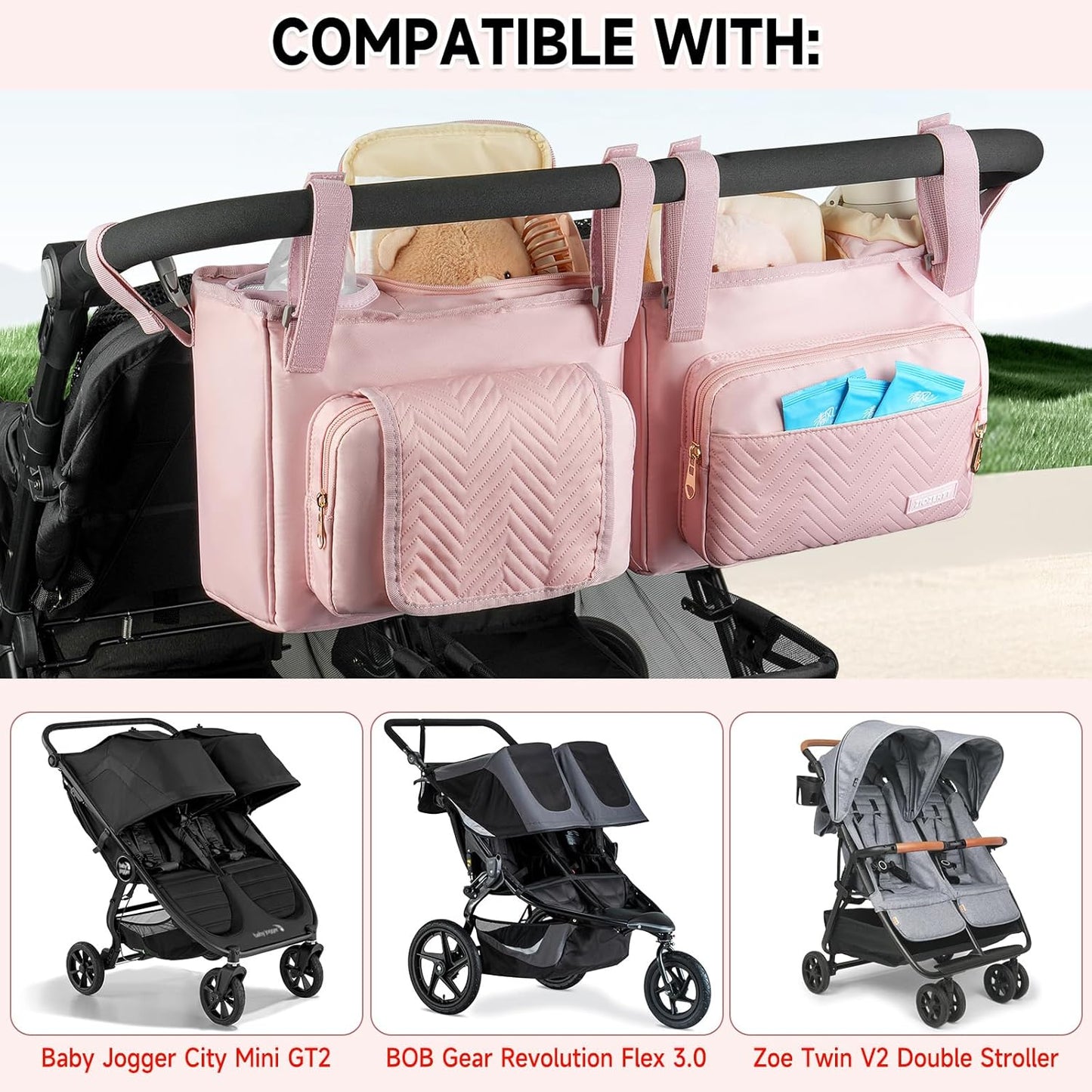Universal Stroller Organizer with Insulated Cup Holders,Large Capacity Non-Slip Stroller Caddy Bag Fits for Uppababy/Doona/Jogger/Britax/Mompush/BoB with Anti-Sag Hard Bottom and Wet Wipes Pocket