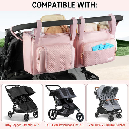 Universal Stroller Organizer with Insulated Cup Holders,Large Capacity Non-Slip Stroller Caddy Bag Fits for Uppababy/Doona/Jogger/Britax/Mompush/BoB with Anti-Sag Hard Bottom and Wet Wipes Pocket