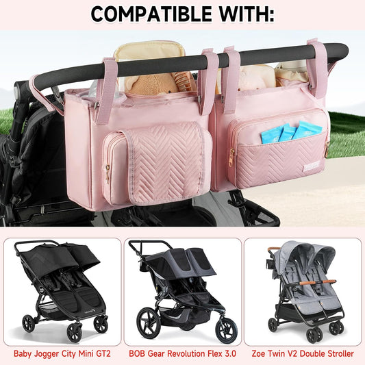 Universal Stroller Organizer with Insulated Cup Holders,Large Capacity Non-Slip Stroller Caddy Bag Fits for Uppababy/Doona/Jogger/Britax/Mompush/BoB with Anti-Sag Hard Bottom and Wet Wipes Pocket
