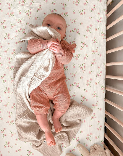 Muslin Bedside Bassinet Sheets 2 Pack, 33x20 Fitted Ultra Soft & Breathable Bedside Sleeper Sheets, Ideal for Baby Girl and Boy, Perfect for Newborns (Hopping Bunnies & Beige)