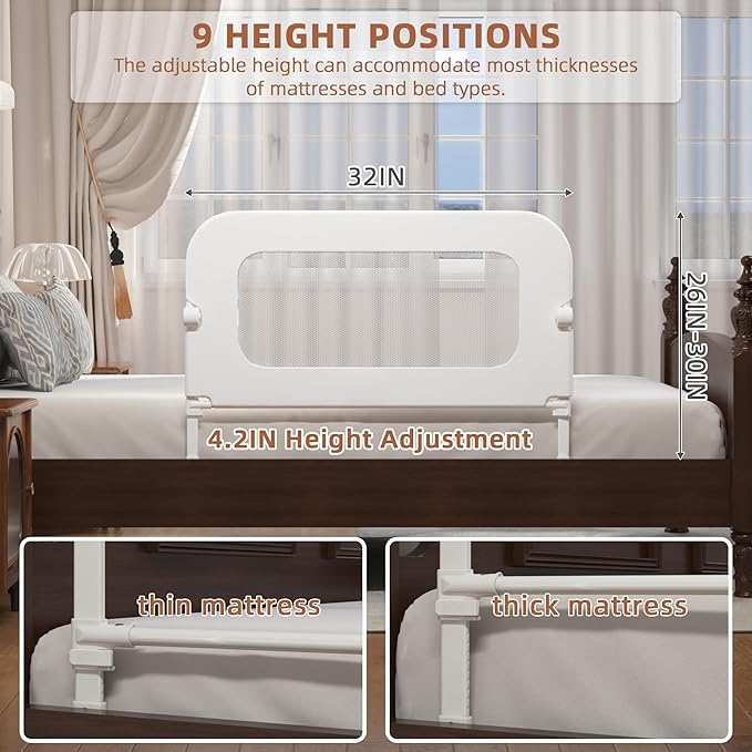 FigTime Bed Rail for Toddlers, Baby Bed Rail Guard for Kids, Toddler Bed Rails with Reinforced Anchor Fit, Height Adjustable & Foldable Bed Rail Guard for Twin, Full, Queen & King Beds (White, 32IN)