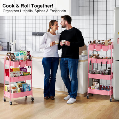 3 Tier Heavy Duty White Metal Rolling Cart with Lockable Wheels, Three Tier Roller Book Snack Cart, Utility Storage Organizer Carts for Kitchen, Bathroom, Garage, Baby Diaper, Craft, Art, Teacher