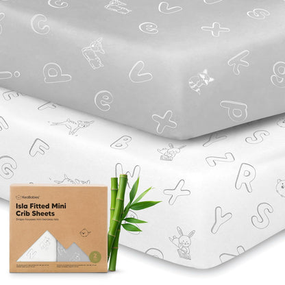 2-Pack Waterproof Pack and Play Sheets, Mini Crib Sheets Fitted for Boy, Girl - 38 x 26 Viscose from Bamboo Pack N Play Mattress Sheets for Graco, Toddler Playard Baby Crib Sheets Neutral (Blue Flax) - Colors A