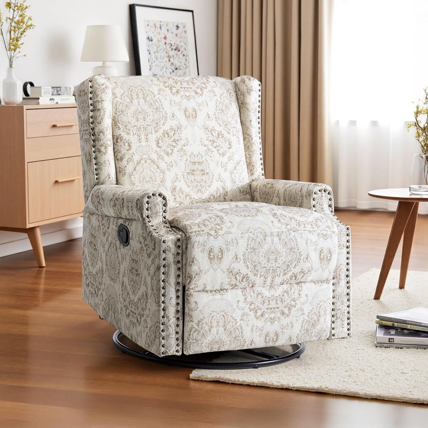 Swivel Rocker Recliner Chair, Manual Nursery Glider Recliner, Floral Fabric Wingback Accent Chair with Adjustable Backrest & Footrest for Small Spaces Living Room Bedroom (Plants Floral, Set of 1)