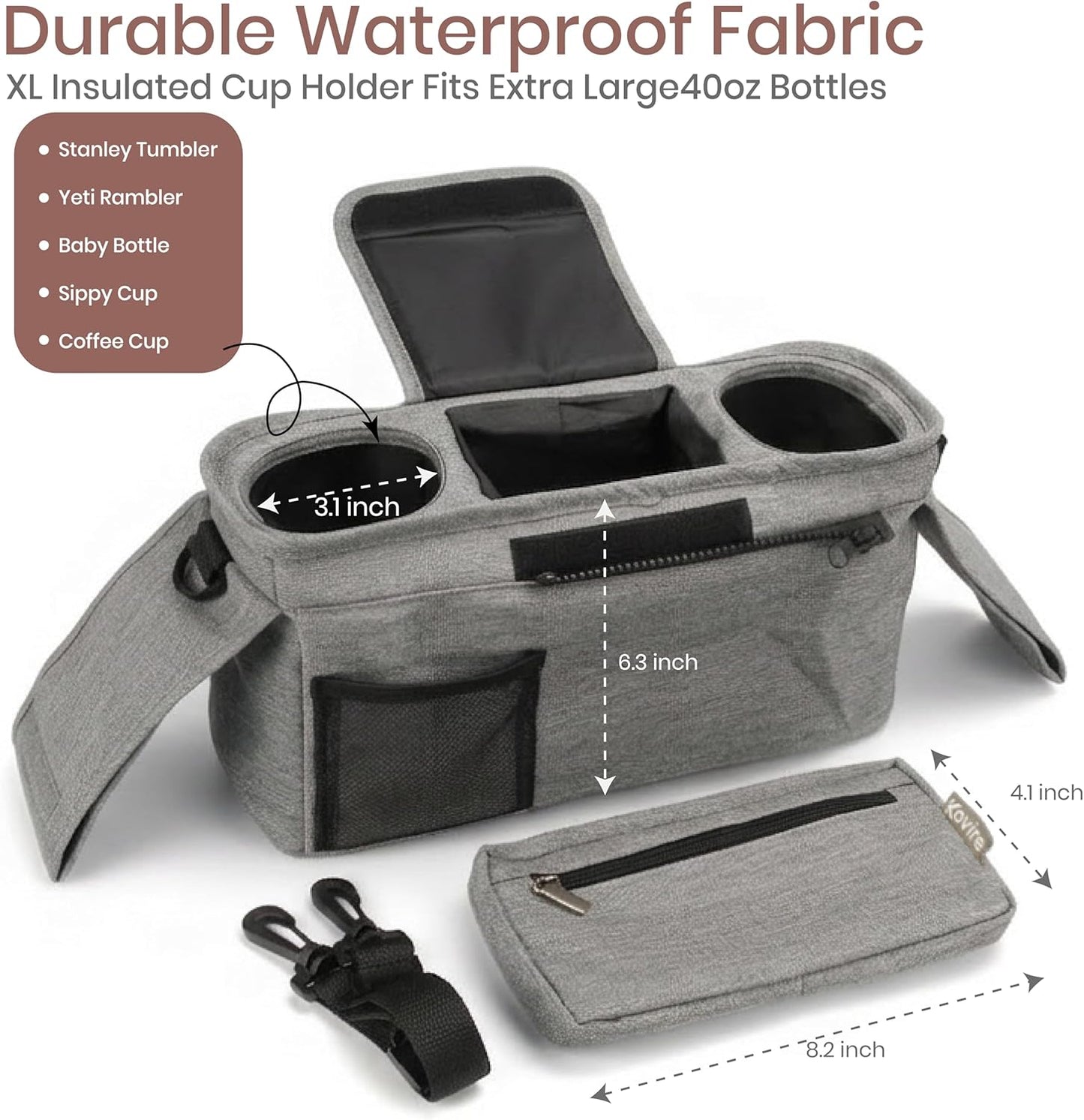 Black Universal Stroller Organizer with 2 Insulated Cup Holders, 3-in-1 Stroller Caddy with Detachable Phone Bag & Non-Slip Shoulder Strap, Fits Uppababy, Nuna, Doona, Baby Essentials