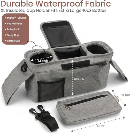 Black Universal Stroller Organizer with 2 Insulated Cup Holders, 3-in-1 Stroller Caddy with Detachable Phone Bag & Non-Slip Shoulder Strap, Fits Uppababy, Nuna, Doona, Baby Essentials