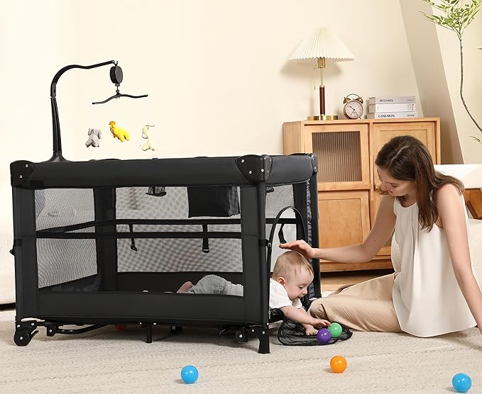 Pack and Play, 4 in 1 Baby Playard – Portable Crib, Bassinet, Bedside Sleeper, Changing Table & Playpen | Breathable Mesh | Safe & Foldable for Newborns to Toddlers (Black)