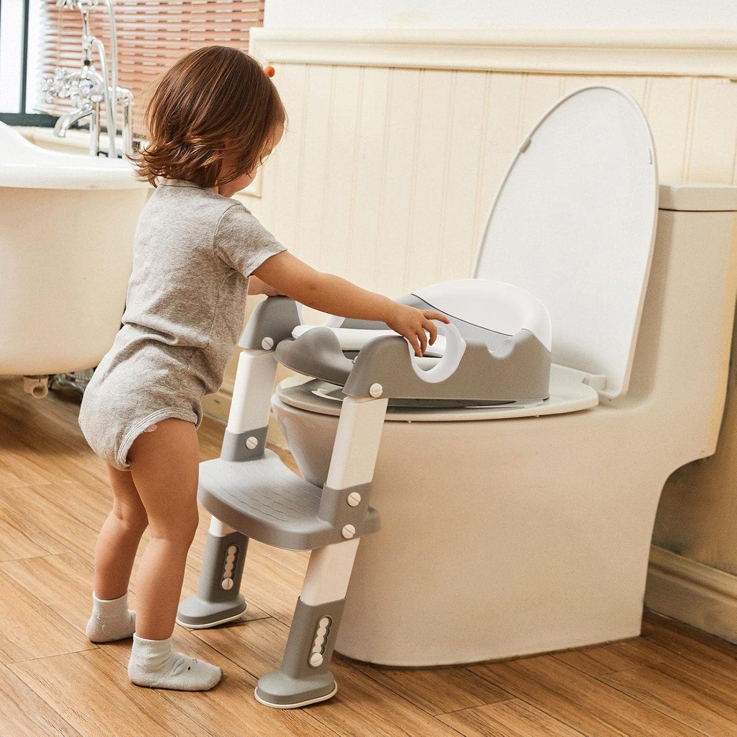 Potty Training Seat with Step Stool Ladder for Kids and Toddler,Wiifo Sturdy Potty Ladder with Soft Padded Cushion for Toddler Boys and Girls(Light Grey) 2025 New Version