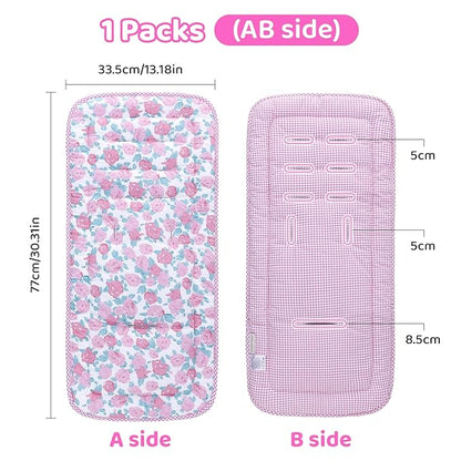Baby Stroller Cushion,Infant Car Seat Insert-Reversible Universal Breathable and Soft Newborn Stroller Mat,100% Cotton Cover Toddler Seat Pad Liner-34x78cm,1 Pack(Pink Rose+Pink Plaid)