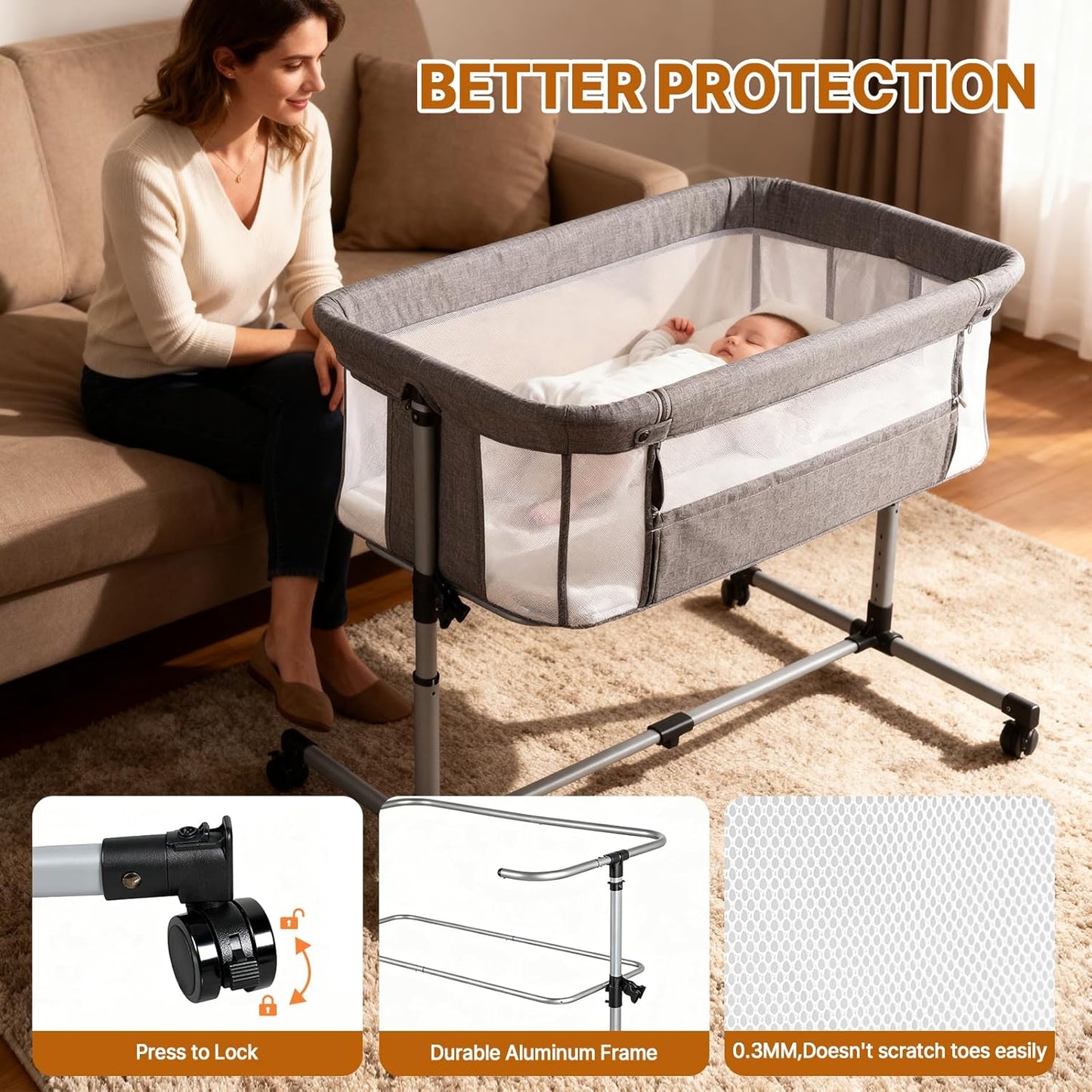 Baby Bassinet Bedside Sleeper, 2-in-1 Bedside Bassinet with Wheels, 5 Height Adjustable Baby Crib, Breathable Full Mesh & Mattress, Stable and Secure Bassinets for Newborn Infant, Grey