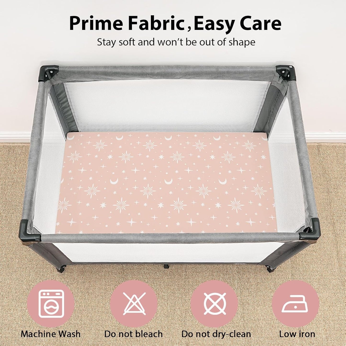 Baby Mini Crib Sheets Girl, Portable 38”x26” Pack and Play Sheets Fitted for Playard and Pack N Play Mattress, 3-Pack Soft Microfiber Pink Rainbow