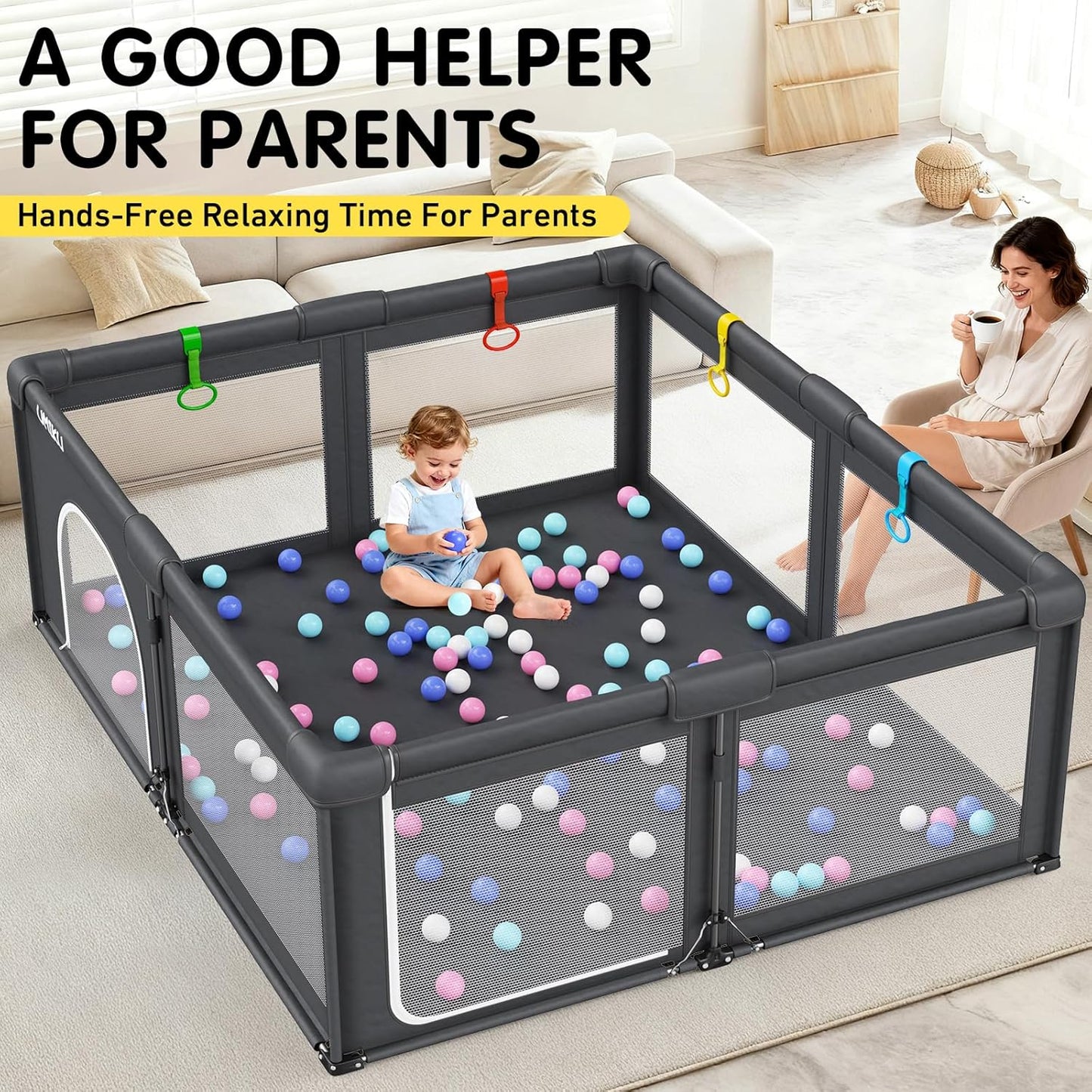 Baby Playpen Foldable Playpen for Babies and Toddlers, Large Playpens Portable Play Pen Play Yard for Kids Fence Indoor Outdoor Travel 4 Handlers 50 Balls Baby Gifts Essentials 50"X50" Dark Grey