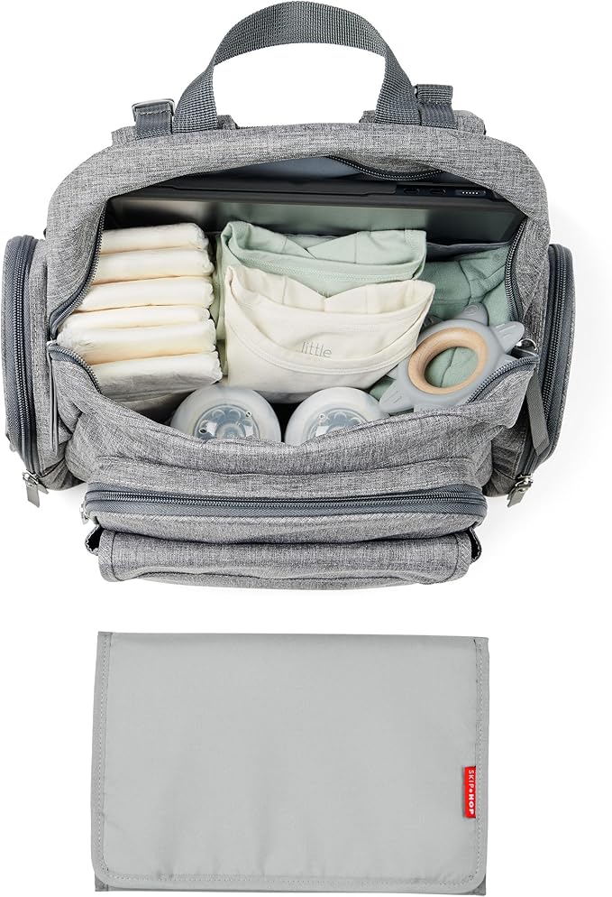 Skip Hop Diaper Bag Backpack with Portable Changing Pad, 9 Total Pockets, Easy-Access Wipes Pocket, Zippered Side Pocket, Luggage Sleeve & Stroller Straps, Fits a 15” Laptop, Luna, Heather Grey
