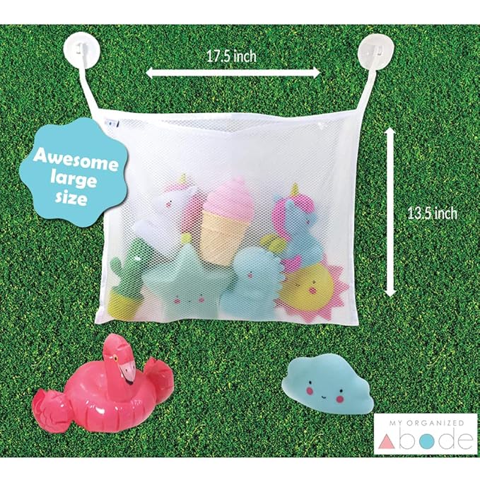 Bath Toy Organizer Includes Suction Cup Hooks and Adhesive Hooks and Tub Toy Mesh Bag White