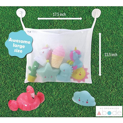 Bath Toy Organizer Includes Suction Cup Hooks and Adhesive Hooks and Tub Toy Mesh Bag White