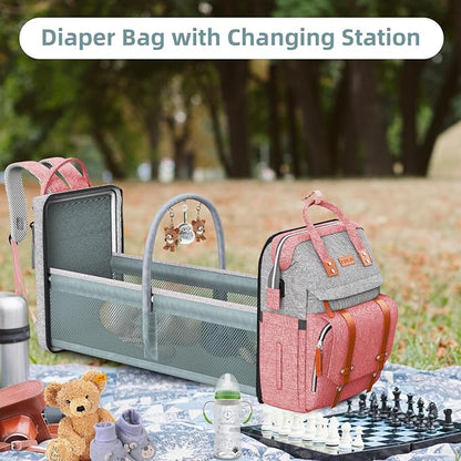 ISMGN Diaper Bag Backpack with Changing Station, Large Diaper Bag, Baby Bag with Changing Station, Pink Diaper Bag, Pinkgray