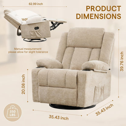 Swivel Rocker Recliner Chair, Lazy Boy Recliner with Cup Holders, 360 Degree Rotating Nursery Rocking Chair, Manual Glider Recliner for Living Room (1, Yellow)