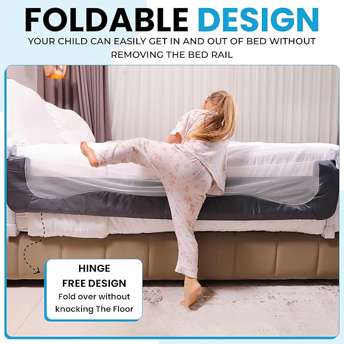TotCraft Flexguard Adjustable Length & Height Bed Rail for Toddlers – Fits Twin, Full, Queen & King Beds – 35.5″ or 59″ Two Fixed Lengths – 14 Height Levels – ASTM Certified Bed Rail for Baby (Grey)