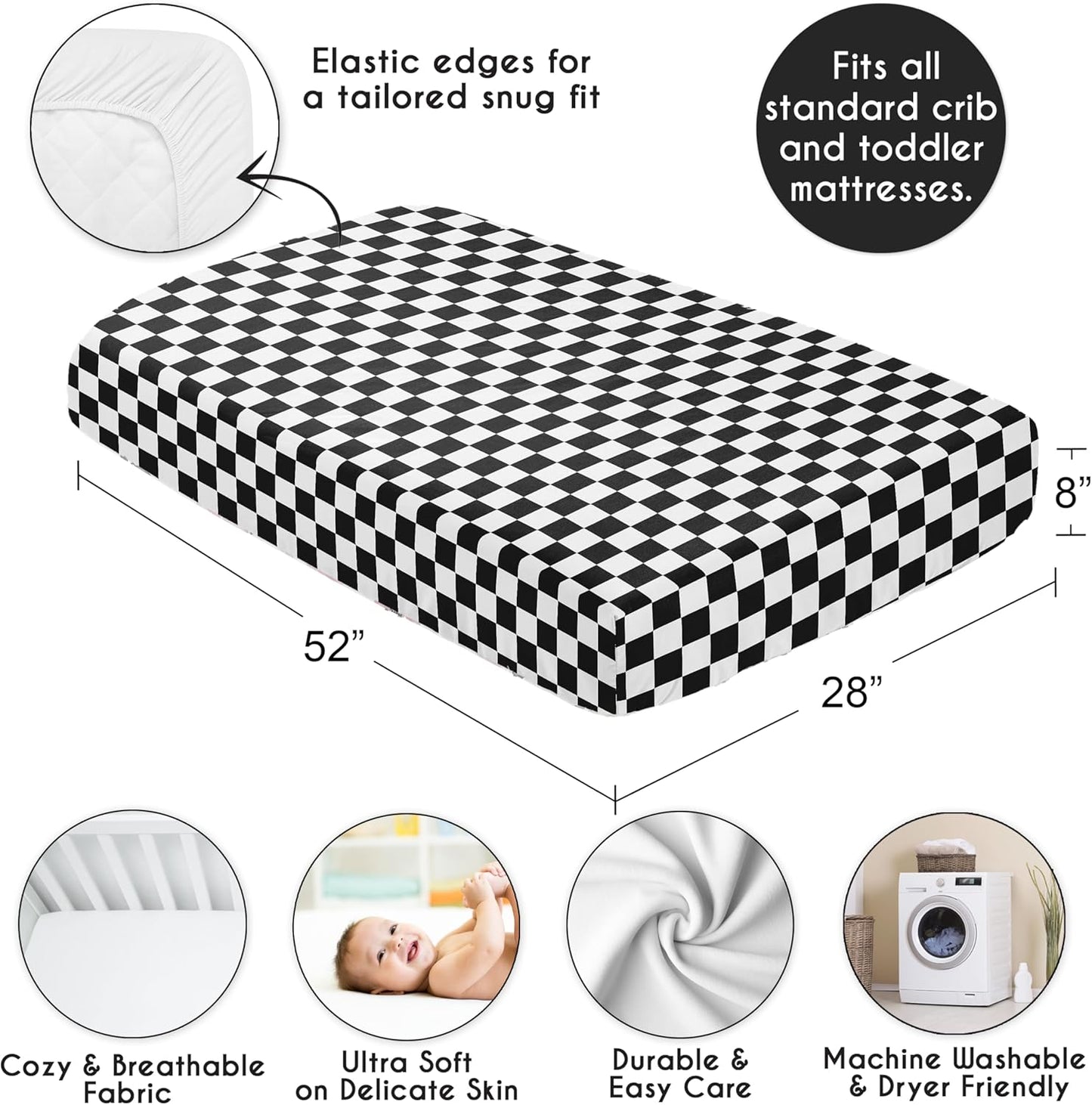 Sweet Jojo Designs 2-Piece Baby Bassinet Sheets Set (Black/White Gingham Checkered Plaid) for Boy/Girl, Infant Newborn Nursery, Oval, Rectangle & Hourglass Mattress (Solid Onyx & Classic Checkerboard)
