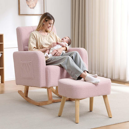HCHAIRH Nursery Rocking Chair with Ottoman, Upholstered Glider Rocker with High Backrest Side Pocket, Rocking Accent Armchair with Solid Wood Legs for Nursery, Living Room, Bedroom, Light Grey