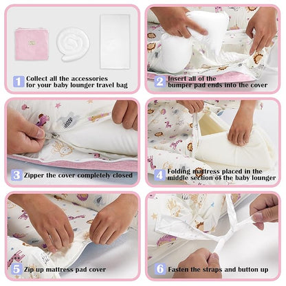 Baby Lounger for Newborns & Infants 0–24 Months, 100% Cotton Breathable Infant Support Cushion with Adjustable Size, Portable Baby Nest for Home and Travel, Baby Shower Gift (Animal World Pink)