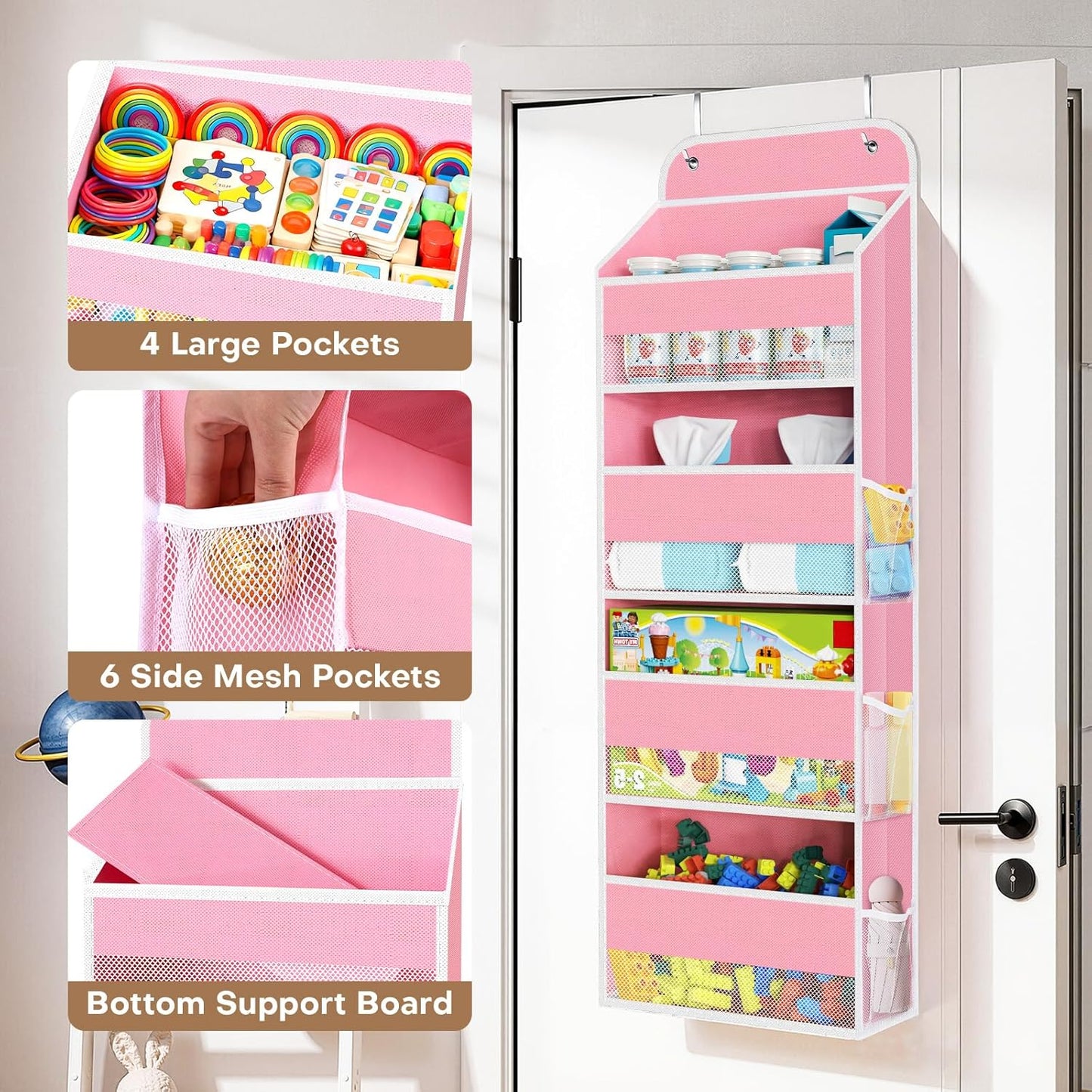 SpaceWhisper Over the Door Organizer, 4 Large Pocket Hanging Storage Organizer with 40lb Capacity, Space Saving for Nursery, Bathroom, Bedroom, Closet - Baby Essentials & Toiletry Organizer (Pink)