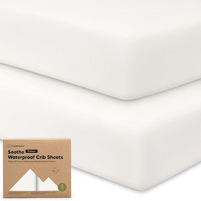2-Pack Waterproof Crib Sheets for Boys, Girls - 52x28 Fitted Organic Cotton Baby Crib Sheets, Toddler Mattress Protector Cover, Washable, Soft & Durable Baby Bedding Essentials (Soft White)