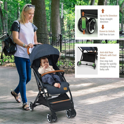 BABY JOY Lightweight Baby Stroller, Compact Toddler Travel Stroller for Airplane, Infant Stroller w/ 5-Point Harness, Adjustable Backrest/Footrest/Canopy, Storage Basket, Easy One-Hand Fold, Beige