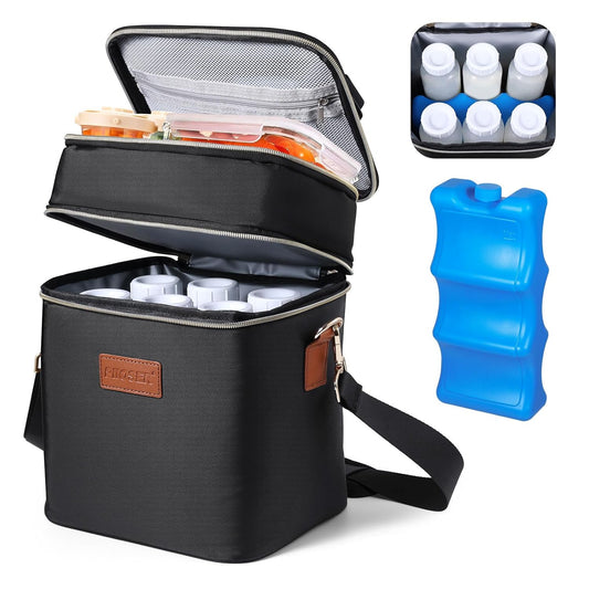 PIIOSER Breastmilk Cooler Bag with Ice Pack Fits 6 Baby Bottles Up to 9 Ounce, Insulated Baby Bottle Tote Bags, Double Layer Waterproof Leak-Proof with Shoulder Strap for Nursing & Working Mom (Grey)