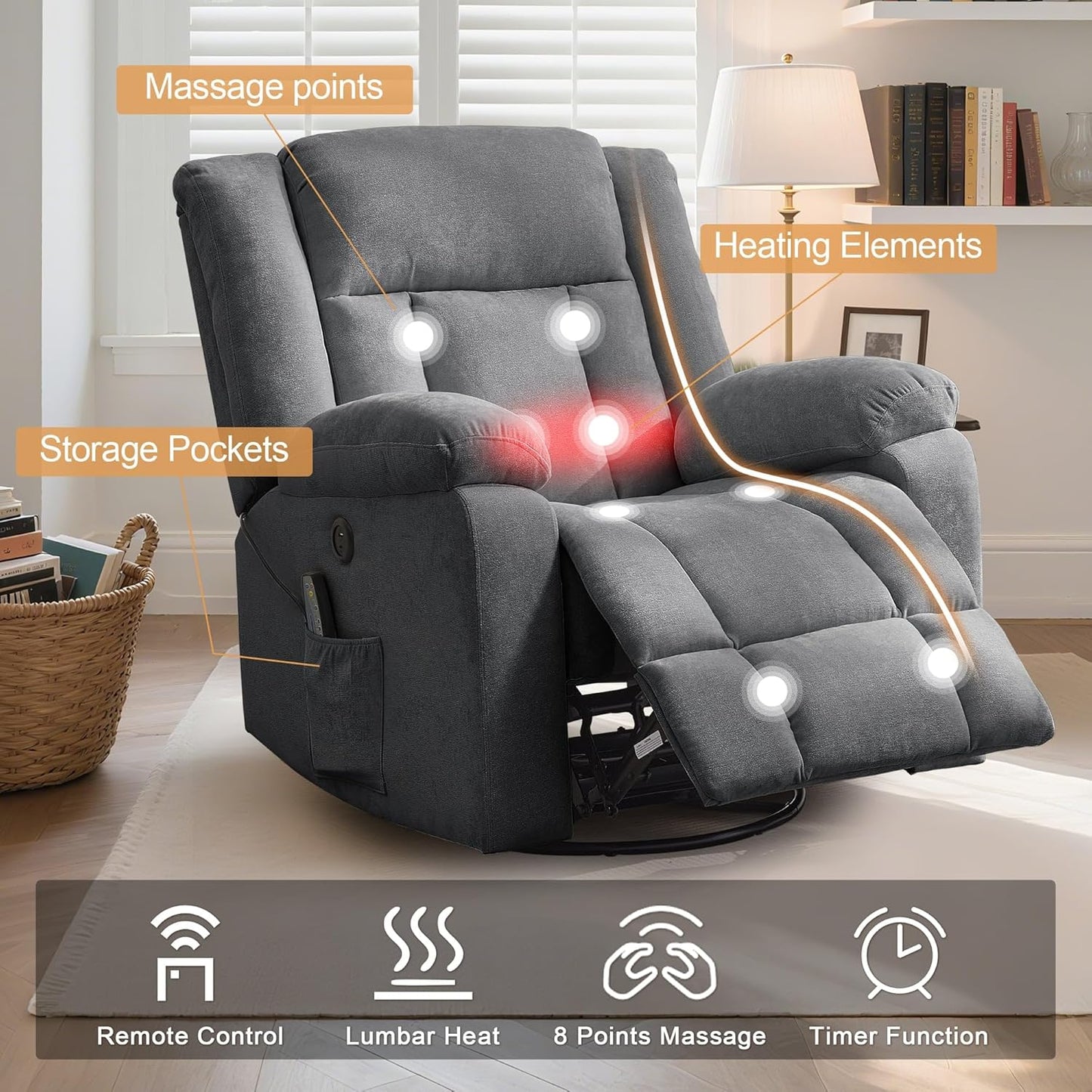 Korser Rocker Recliner, Glider Recliner Chairs for Adults, 360° Swivel Rocking Chair with Massage and Heating, Nursery Chair with Storage and USB Charging for Living Room, Bedroom, Nursery