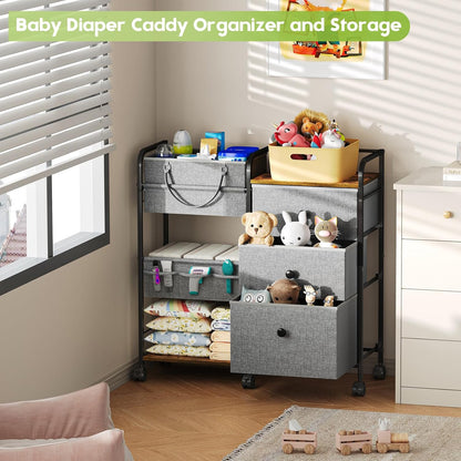 Cidaziya 2In1 Baby Diaper Caddy Organizer and Storage, 3 Tier Rolling Cart with Drawer, Mobile Utility Cart Baby Dresser Clothes Organizer for Crib, Art & Craft Storage, White, 17"W x 11.42"D x 33.5"H