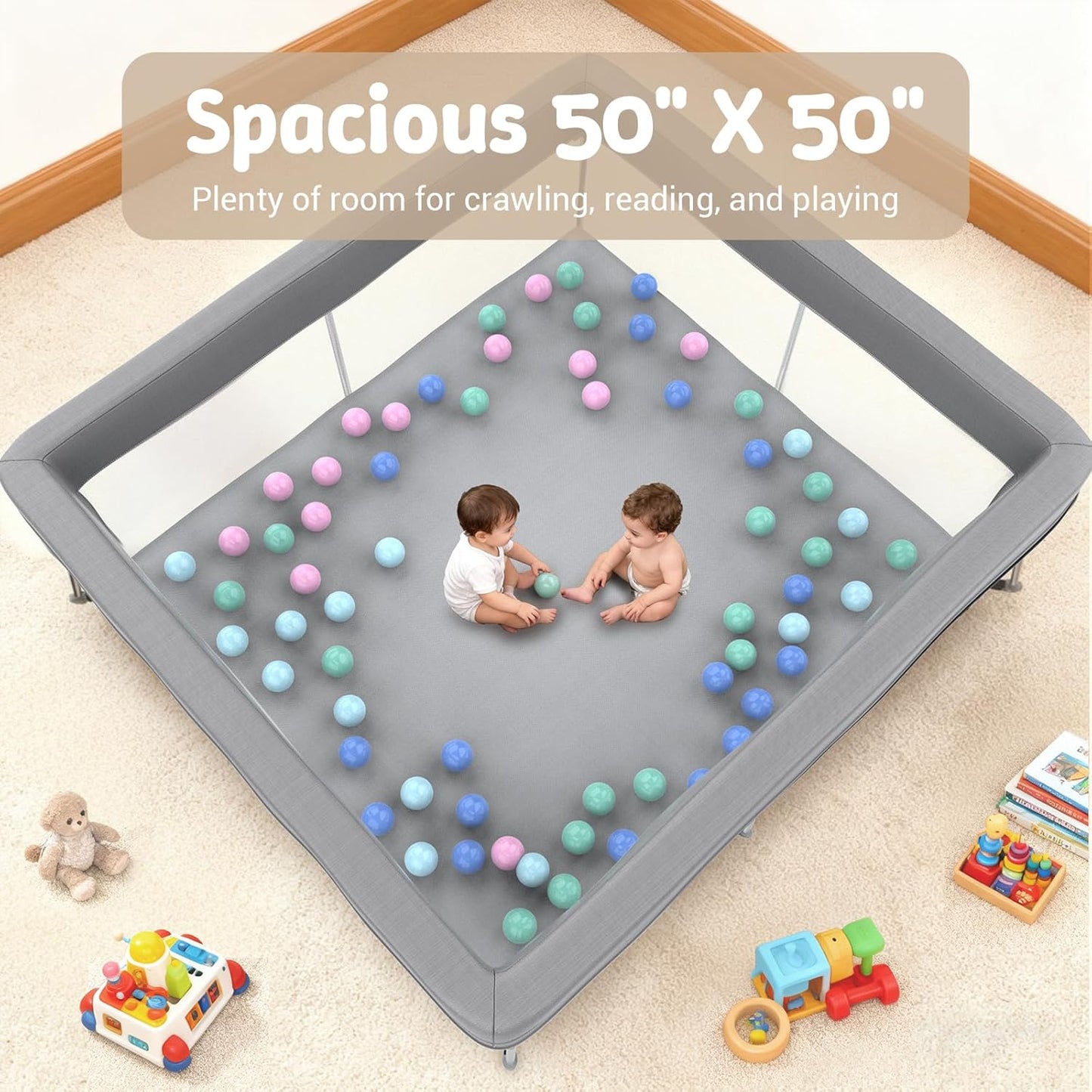 Foldable Baby Playpen, 50"×50" Collapsible Play Yard for Babies and Toddlers, No Assembly Required, Kids Safety Play Area with 4 Handles, 50 Balls and Visible Mesh, Black