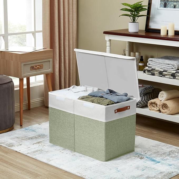 Bagnizer Large Toy Storage Box with Lids, Collapsible Sturdy Baby Storage Organizer Chest Bin Basket for Kids, Boys, Girls, Playroom, Nursery, Bedroom, Closet 25"x13"x16" (Green and White)