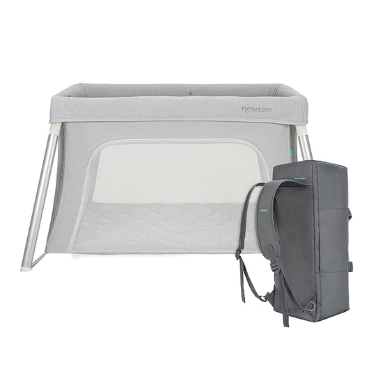 Newton Baby Compact Travel Crib & Play Yard | Breathable & Washable Mattress, Foldable Carry-On Size, Backpack Straps, Grey, Newton Bassinet Attachment NOT Included or Compatible
