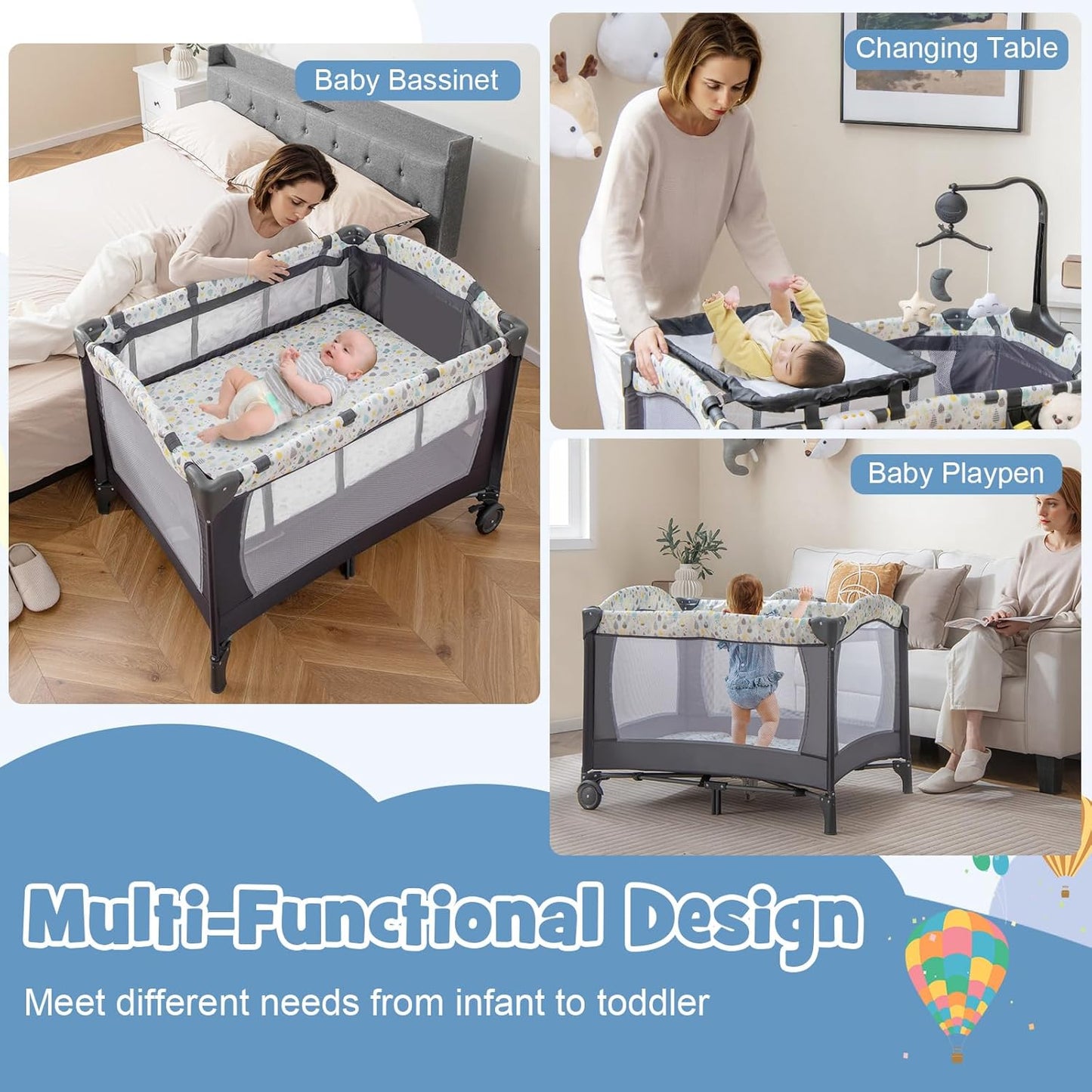 HONEY JOY Pack and Play, 4 in 1 Portable Baby Playard with Bassinet, Changing Table, Lockable Wheels, Music Box, Foldable Travel Baby Crib Nursery Center from Newborn to Toddler (Dark)