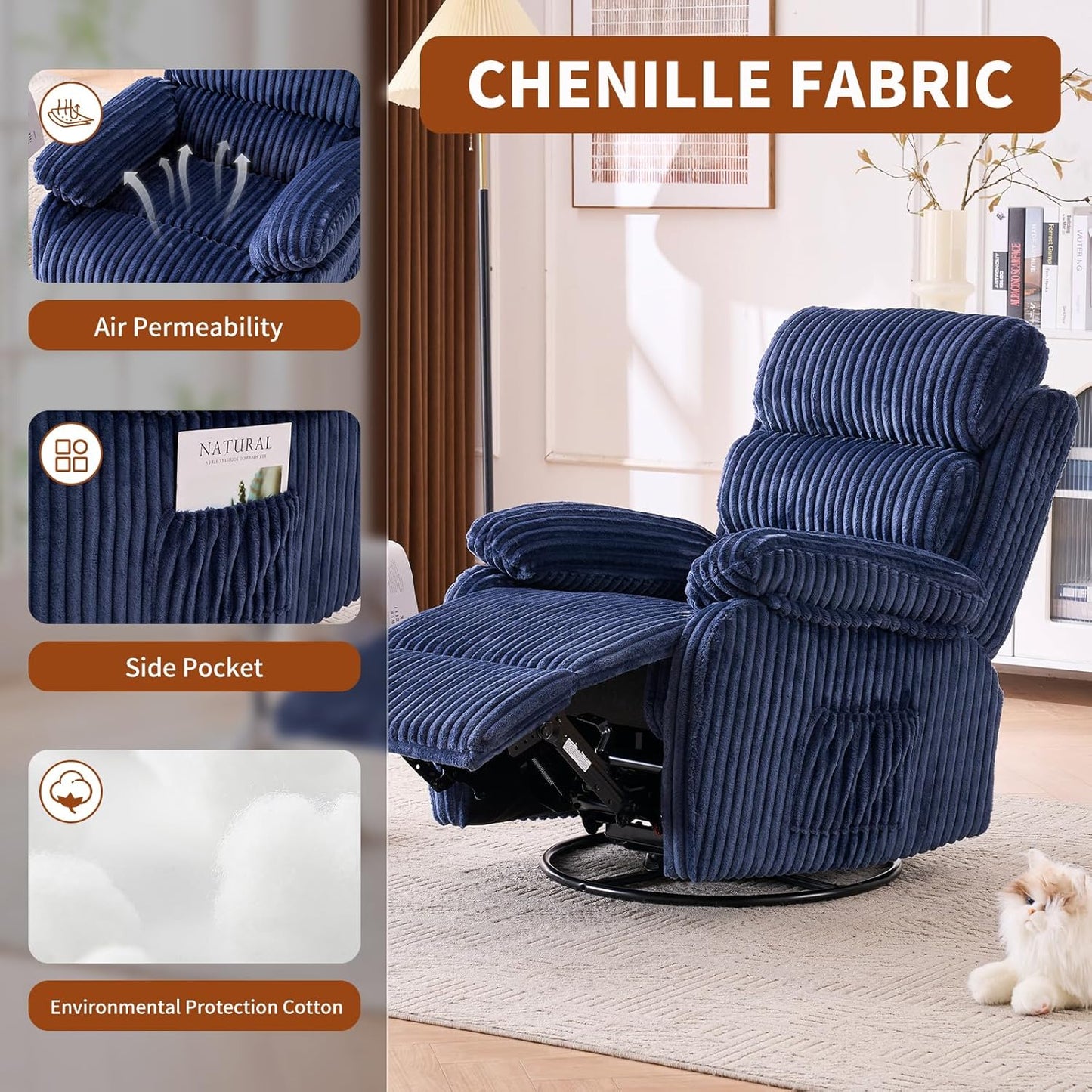 Adult 360° Rocking Recliner Chair，Nursery Rocker Reclining Chair with Side Pocket, a Comfy upholstered Single Sofa Armchair. Suitable for Living Room, Bedroom Nursing use, Velvet Fabric in Beige