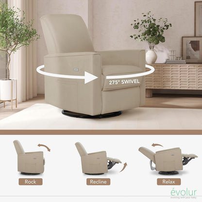 Evolur Harlow Upholstered Power Glider Recliner with USB Charging – Rocking & 275° Swivel with Smooth Glide – Greenguard Gold & FSC Certified – Modern Nursery and Living Room Chair in Light Sand