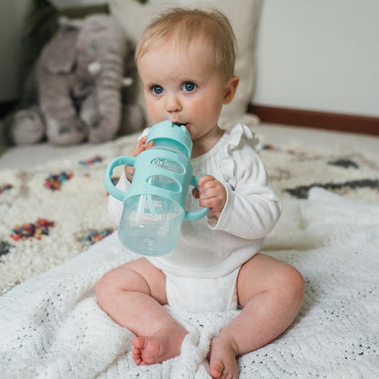 Dr. Brown's Milestones Wide-Neck Sippy Straw Bottle, Spill-Proof with 100% Silicone Handles and Weighted Straw, 9 oz/270 mL, Gray & Pink, 6m+, 2-Pack