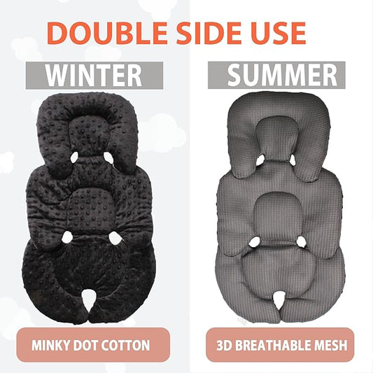 Infant Carseat Insert, 2-in-1 Reversible Baby Car Seat Cushion for Newborn Toddler Head & Body Support Car Seat Pad for Carseats, Strollers, Swings, Bouncers(Black)