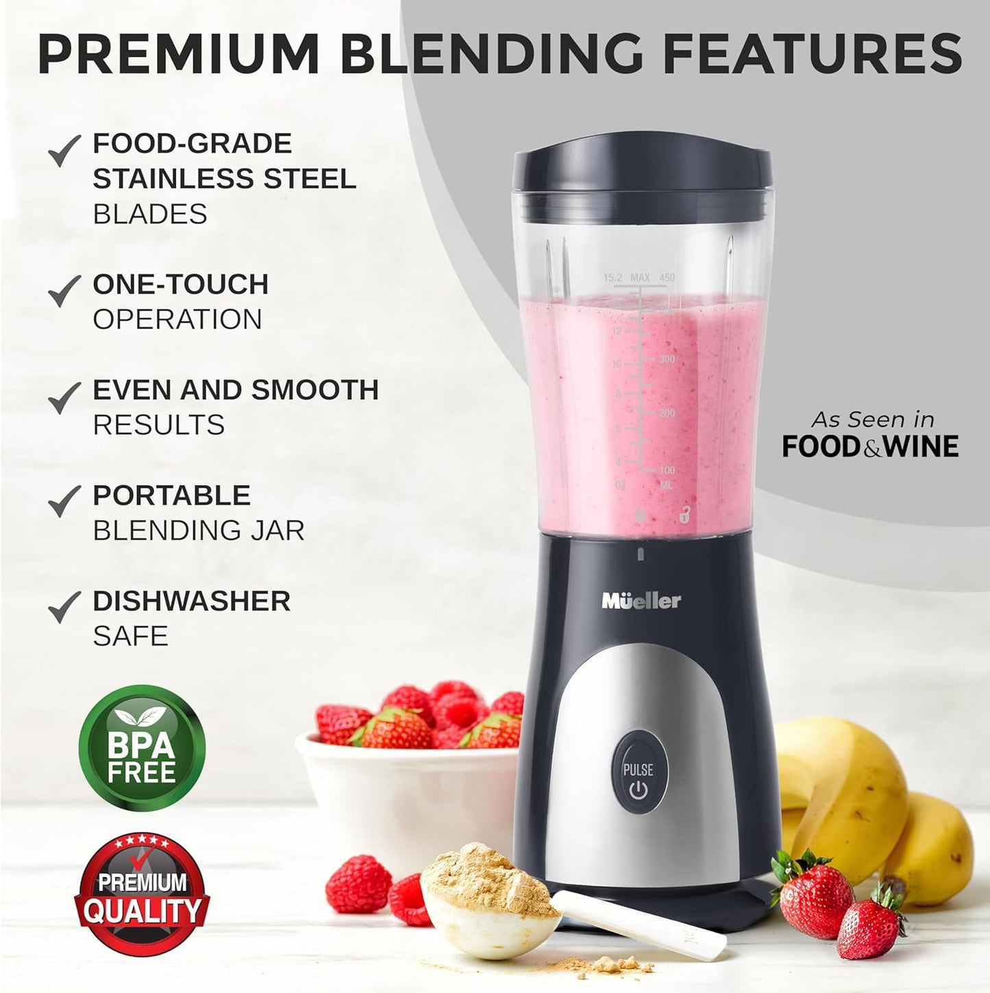 Mueller Heavy-Duty Personal Blender for Shakes and Smoothies with a 15 Oz Travel Cup and Lid, Juices, Baby Food, Portable Blender & Food Processor, Turquoise